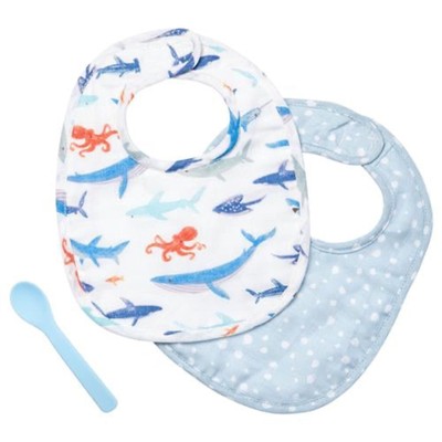 Stephen Joseph 2pc Shark Muslin Bib Set W/Spoon NEW