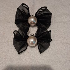 Pair Black Organza Bow Shoe Accessories w/ Faux Pearl Accent, Solid Classic