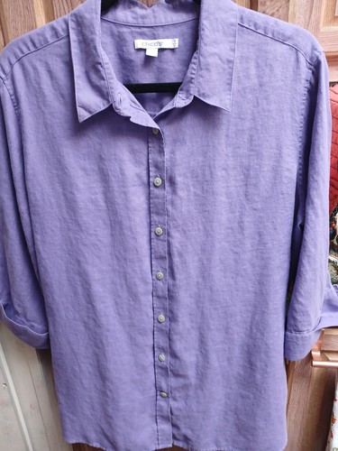 Chicos 3 Or16 Linen No Iron 3/4 Sleeve Button Front Shirt Blouse Purple.
