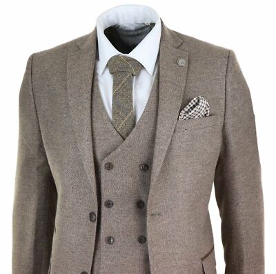 Costume homme laine mélangée marron pièces veston croisé tweed