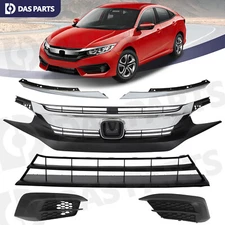 6PC For 2016-2018 Honda Civic Sedan Front Upper Lower Grille w/ Fog Light Covers