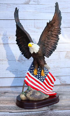 18'' Tall Large Patriotic Bald Eagle Clutching On American Flag Figurine