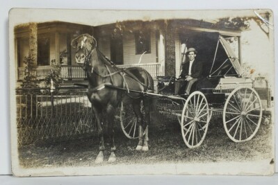 Lightville Ohio RPPC Hershel Strait posing with Horse & Buggy, Home Postcard M19