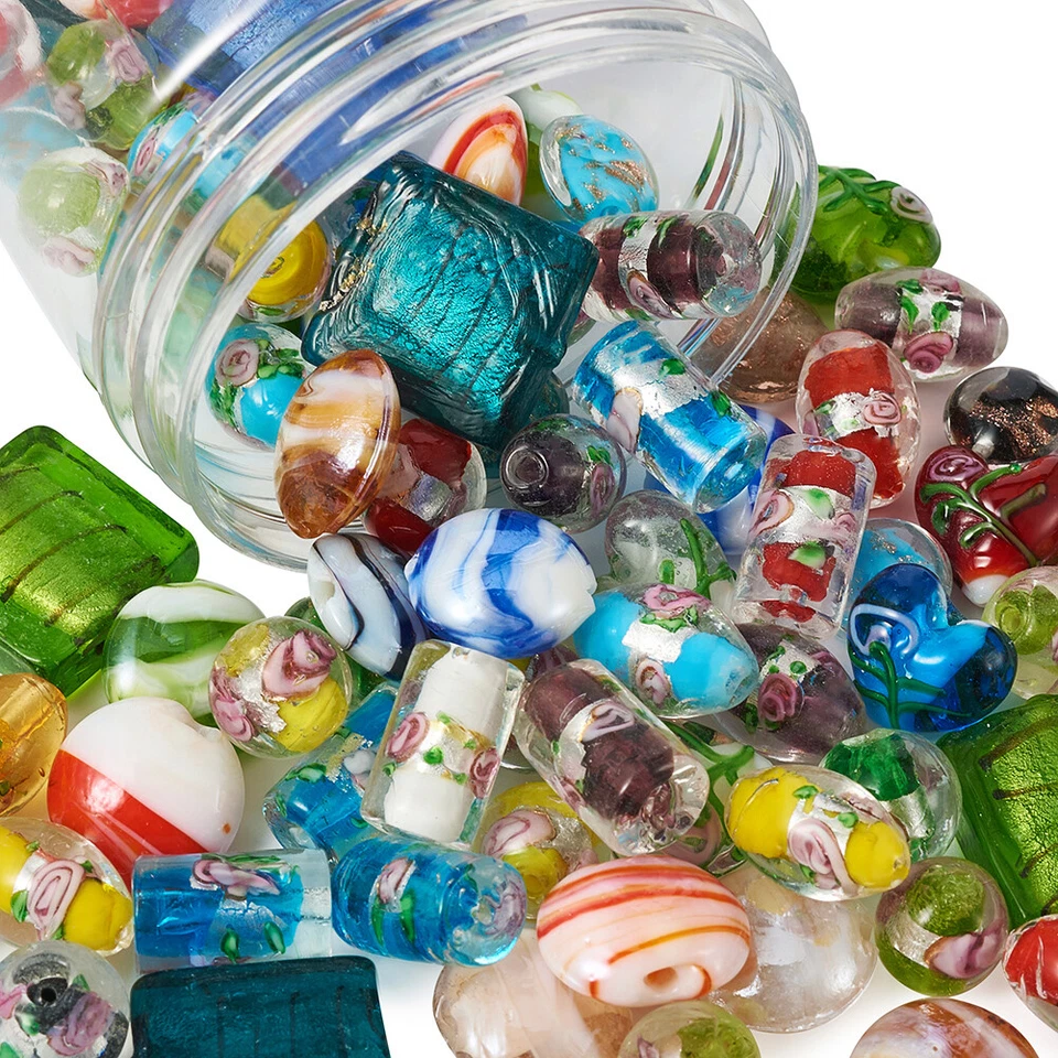 120pc/Box Handmade Silver Foil Lampwork Glass Beads Mixed Shape Colorful 11~20mm - Image 3 of 4