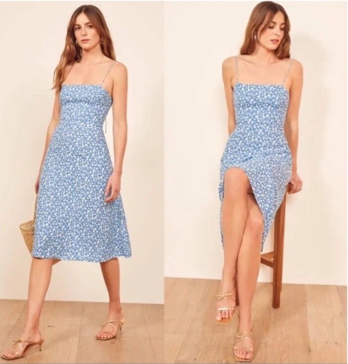 Reformation Blue/White Floral Tie Shoulder Midi Dress Womens Sz Small Reformation Blue/White Floral Tie Shoulder Midi Dress Womens Sz Small