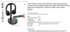 YENA Wireless Charger with Headphone Stand, Desk Organizing Accessory Gaming Hea