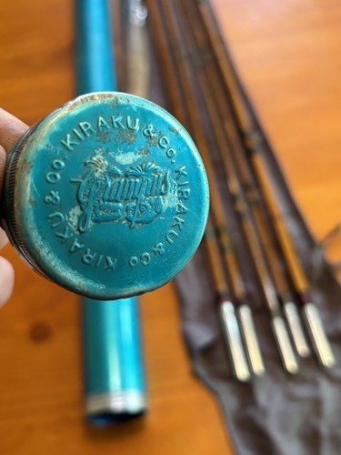 Vintage Kiraku Japan Fliegenrute Plus 6-teiliges Angelrute Bambus Grampus Set Extras