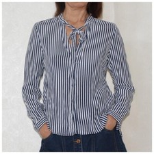 Navy  White striped button-up blouse, Vintage classic formal shirt, Smart shirt