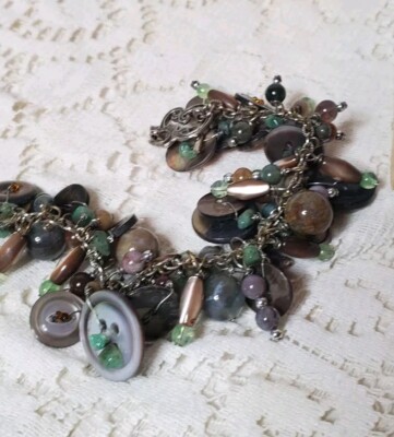 Button Charm Bracelet Turquoise Abalone Jasper Jade Stone One Of A Kind Artisan