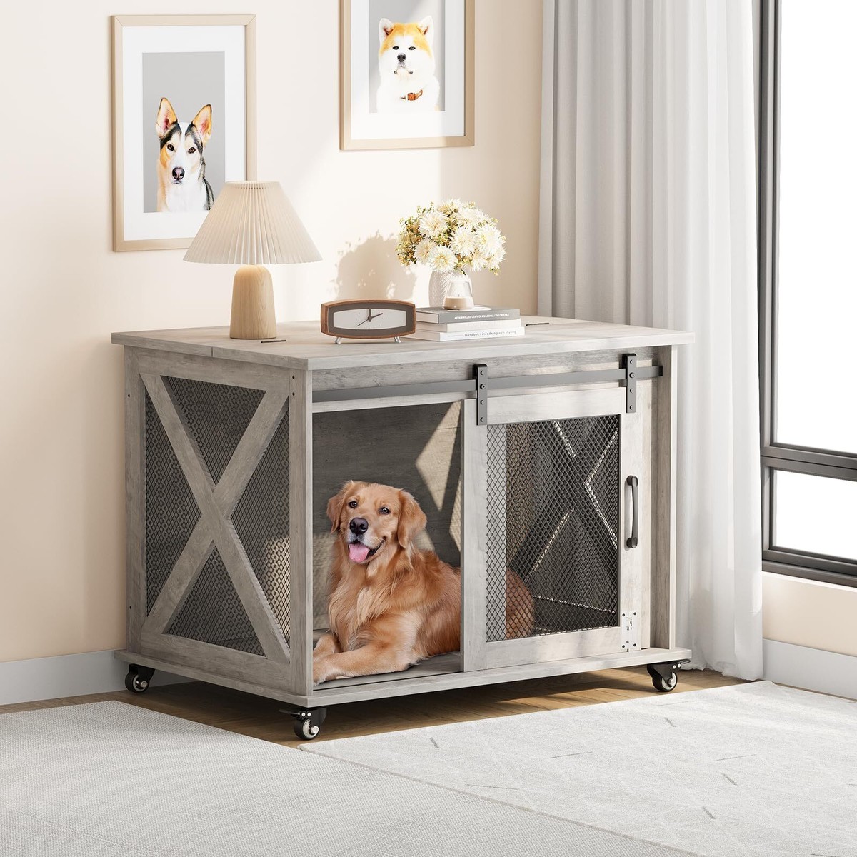 Dog Crate Furniture w/ Sliding Barn Door,37