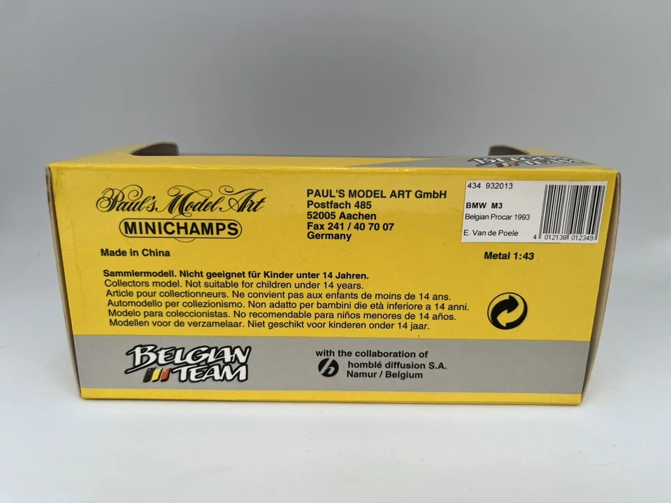 Minichamps escala 1/43 434 932013 BMW M3 Belgian Procar 1993 #13 E. Van de Poele Foto 3 de 3