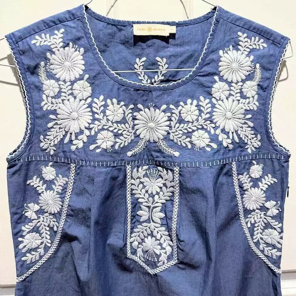 EUC Tory Burch Calita Blue Chambray Embroidered Boho Beach Shift Dress-M EUC Tory Burch Calita Blue Chambray Embroidered Boho Beach Shift Dress-M