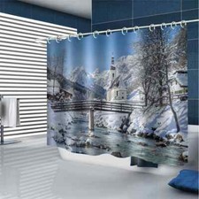 Snow Cabins And Streams 3D Shower Curtain Waterproof Fabric Bathroom Decoration