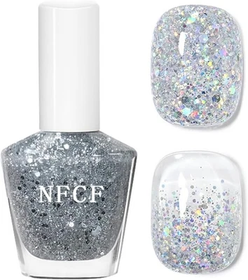 SHENGQIALUN Silver Glitter Nail Polish, Varnish Quick Dry, Diamond Flash