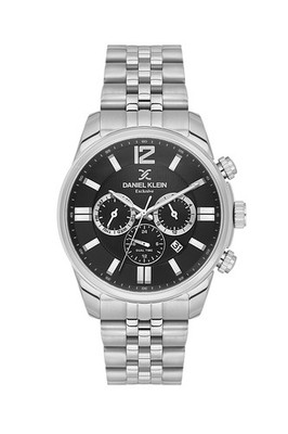 Mens 44mm Quartz Watch Steel Strap Silver / Black Dial Day-Date, Dual Time, 24H