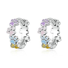 925 Sterling Silver Colorful Paw Print Hoop Earrings for Women Pet Lover Jewelry