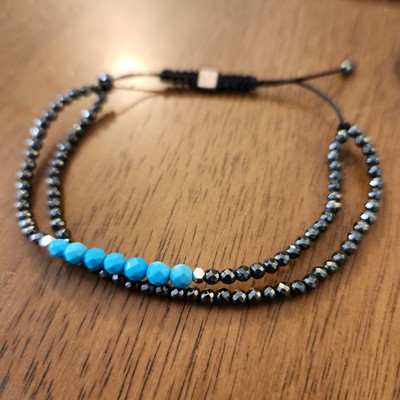 Karma & Luck Bracelet Hematite & Turquoise Birthstone Drawstring Womens