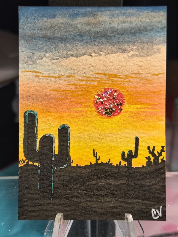 ACEO Original Cactus Sun Desert Landscape By Crystal Valentine Painting Mini Art