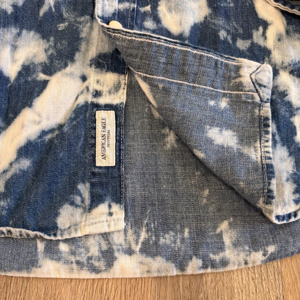 American Eagle Men’s Acid Wash Tie Dye Pearl Snap Western Denim Shirt Size XL - Image 3 of 4