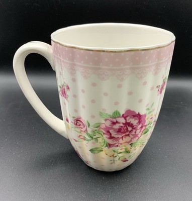 Elegance Ribbed Porcelain Coffee/Tea Cup Mug Pink Floral w/Gold Rim Trim/Accent