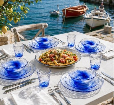 Rare Bormioli Rocco Murano Blue 16-Piece Italian Art Glass Dinnerware Set for 4