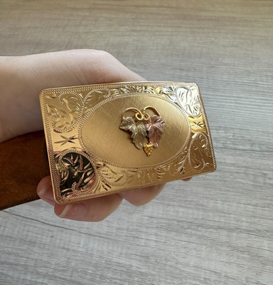 Vintage LAZY K 1980's Tri-Color Gold Leaf Pattern Belt Buckle with Leather Belt