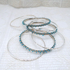 Silver Toned Bangle Bracelets Women Thin Set of 7 Boho Style Casual Jewelry