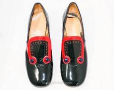 Girl's Size 12.5 Shoes - Glossy Navy Blue Patent Leather Red Trim Round Toe 60s