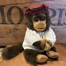 Vintage Hosung Junior Chimp Monkey Puppet JULIUS Sweater Plaid Beret w/ Squeaker