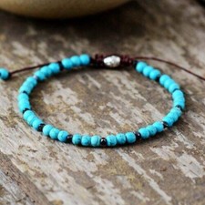 Natural Turquoise Stone Handmade 4mm Round Bead Dainty Bracelet Healing Reiki