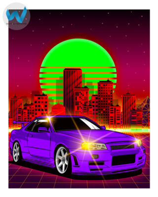 Lila Neon Sportwagen Poster Urban Skyline Wandkunst - 12X16/16X20/18X24/24X36