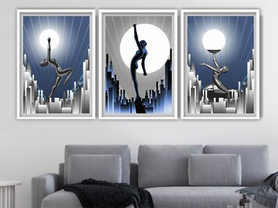 3er Set Drucke - ART Deco Frauen BLAU Kunstdrucke Galerie Wand Poster Deko Geschenk