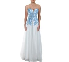 Blondie Nites Junior Womens 3 Ivory Blue Embroidered Bodice Strapless Gown NWT