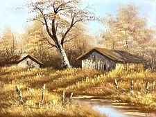 Vintage 50s SIGNED Oil Painting STEWARD Barn Tree Landscape AUTUMN Golden Yellow