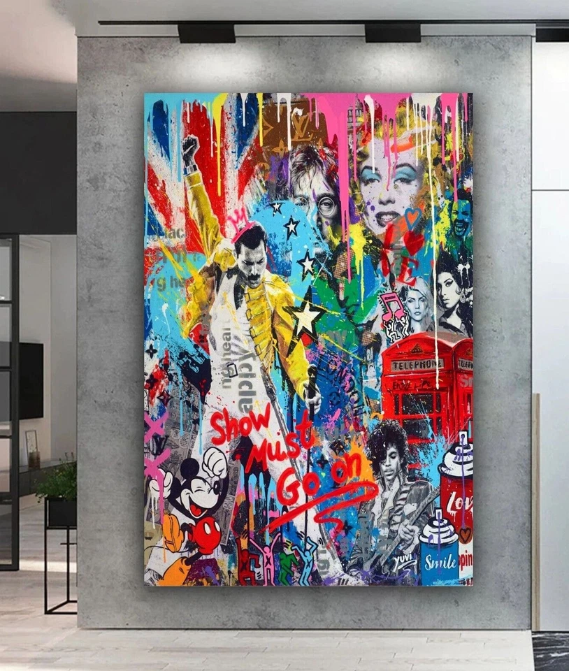 Freddie Mercury Show Colourful Graffiti Printed Framed Canvas Wall Art or Print