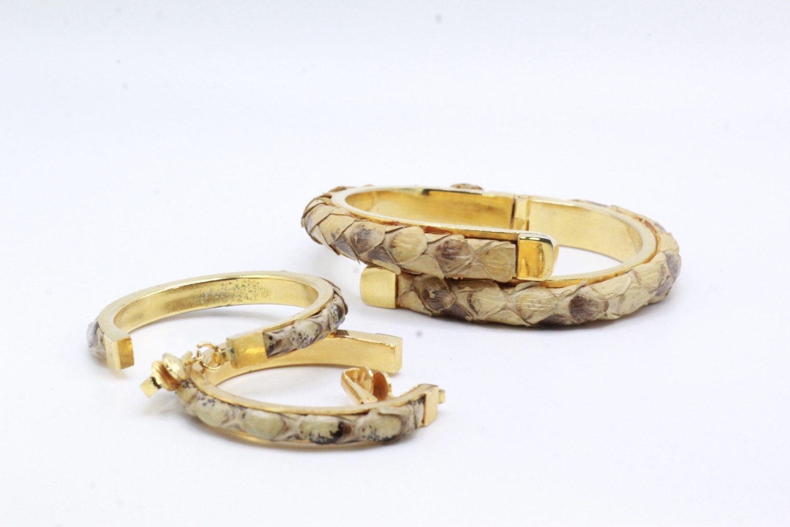 VTG Python Snake Skin Cuff Dangle Hoop Large Earr… - image 9