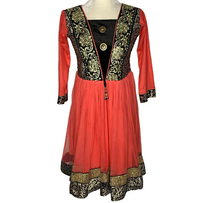 Vintage Indian Dress Womens S Orange Crushed Velvet Embroidered Tulle Skirt