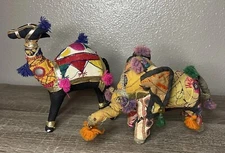 VTG 50s Hand Woven Anglo Raj Elephant Camel w Mirror Beads India 10” Cloth 