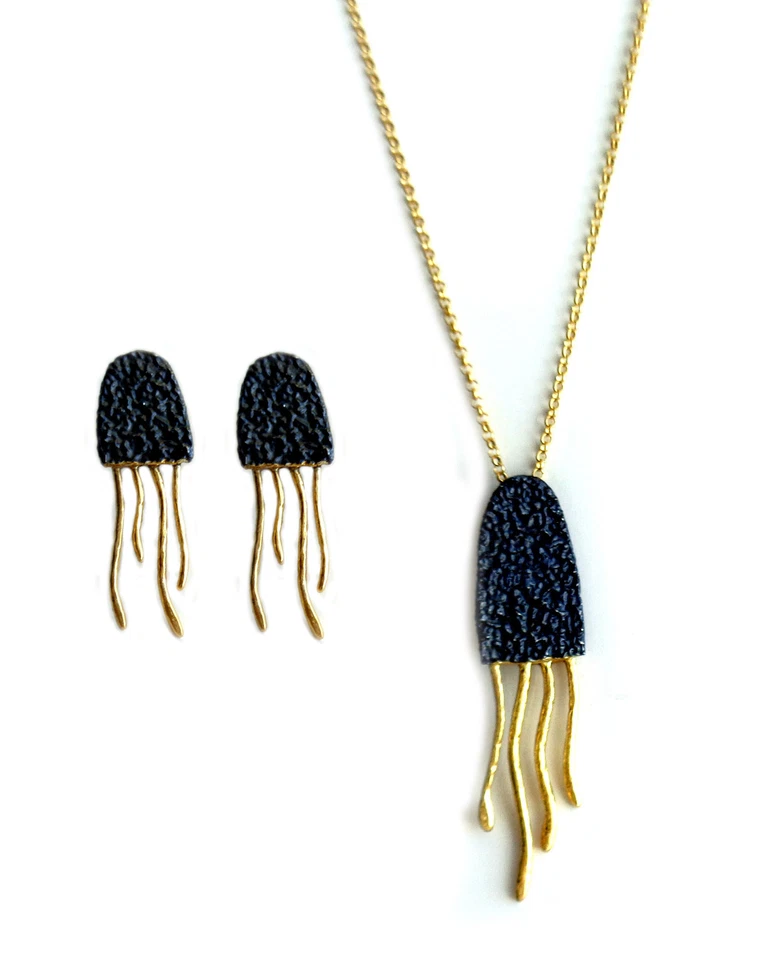 Oktopus Collier + Ohrstecker 925er Silber oxidiert  + vergoldet  SK-204s M-421