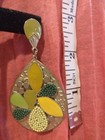 Large Gold Tone Lime Dark Green Yellow Teardrop Dangle Drop Stud Post Earrings — photo 3
