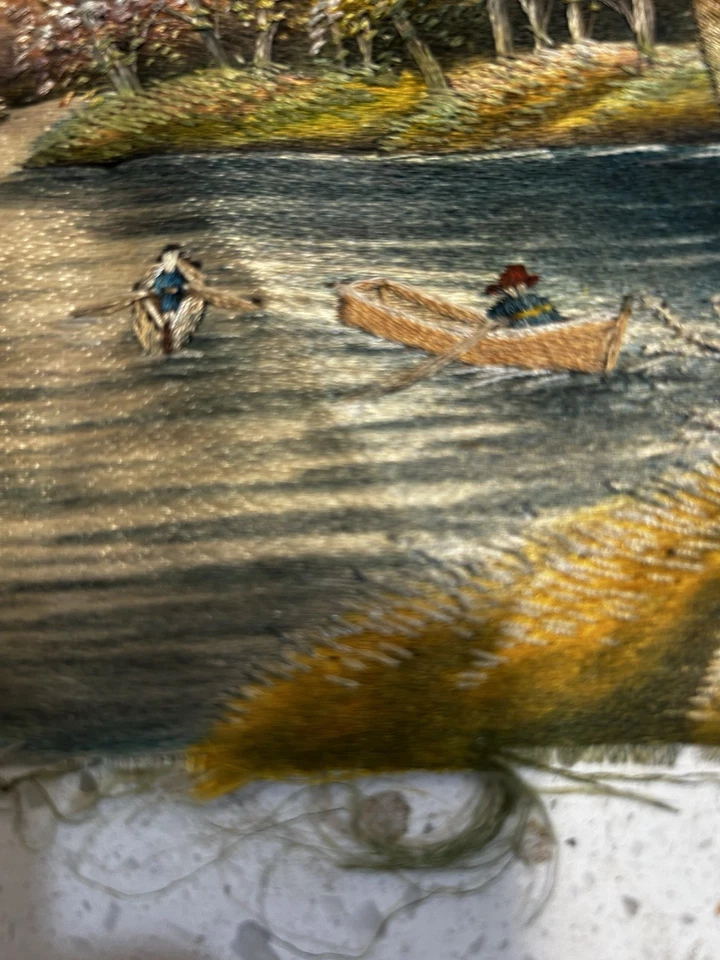 Embroidered Silk Framed Wall Art Japanese Boats Mount Fuji 12x19" Vintage Decor - Image 3 of 4