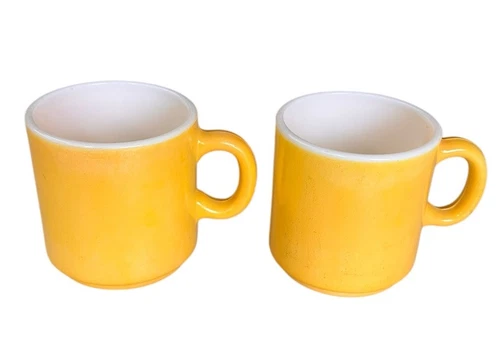 2 Vintage Hazel Atlas Lemon Yellow Milk Glass Coffee Cups Mugs