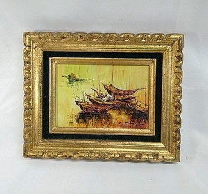 Vintage original oil painting Signed Asian Fishing Boat Framed Art Gallery Wall