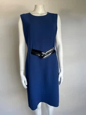 LOUISE KENNEDY Dress IRL 16 UK 16 Blue Wool Sleeveless Patent Belt Knee Length