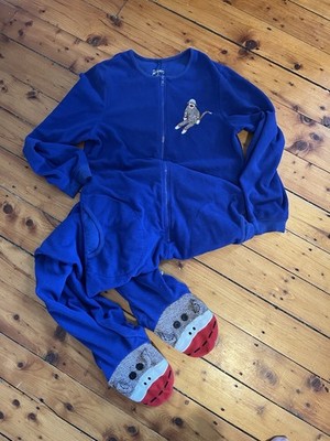 Nick & Nora Unisex Adult Blue Fleece Zip One-Piece Pajamas Sock Monkey Pockets M