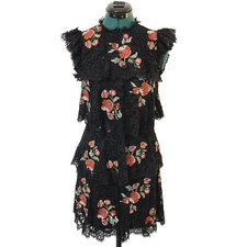 Rebecca Taylor Black Embroidered Lace Tiered Mini Dress Mock Neck Sleeveless 0
