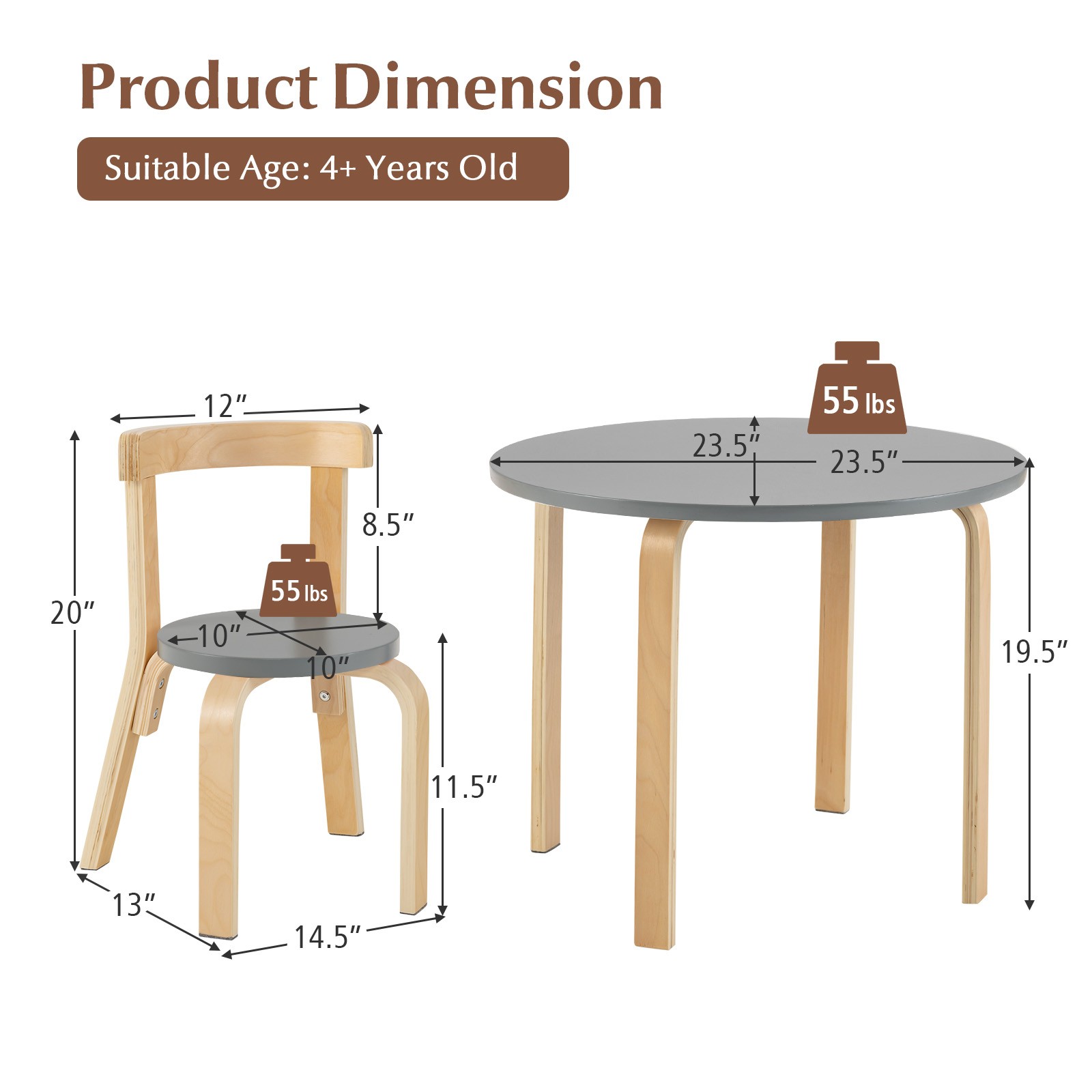 5-Piece Kids Wooden Curved Back Activity Table & Chair Set w/Toy Bricks Grey