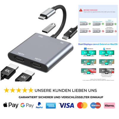 USB C auf Dual HDMI Adapter, 4 in 1 Typ C to HDMI Splitter for Dual Monitors