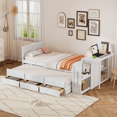 Twin Size Multifunctional Wood Platform Bed with Desk and Storage Shelf at the E