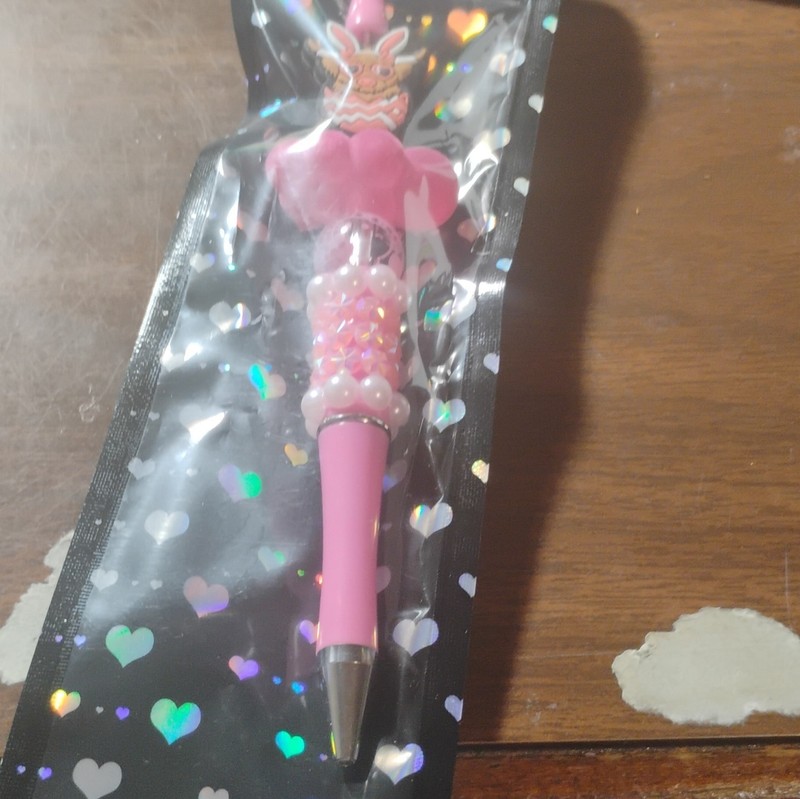 Handmade Style Pink Decorative Beads Bunny Top Ballpoint Pen, Plastic, Black Ink